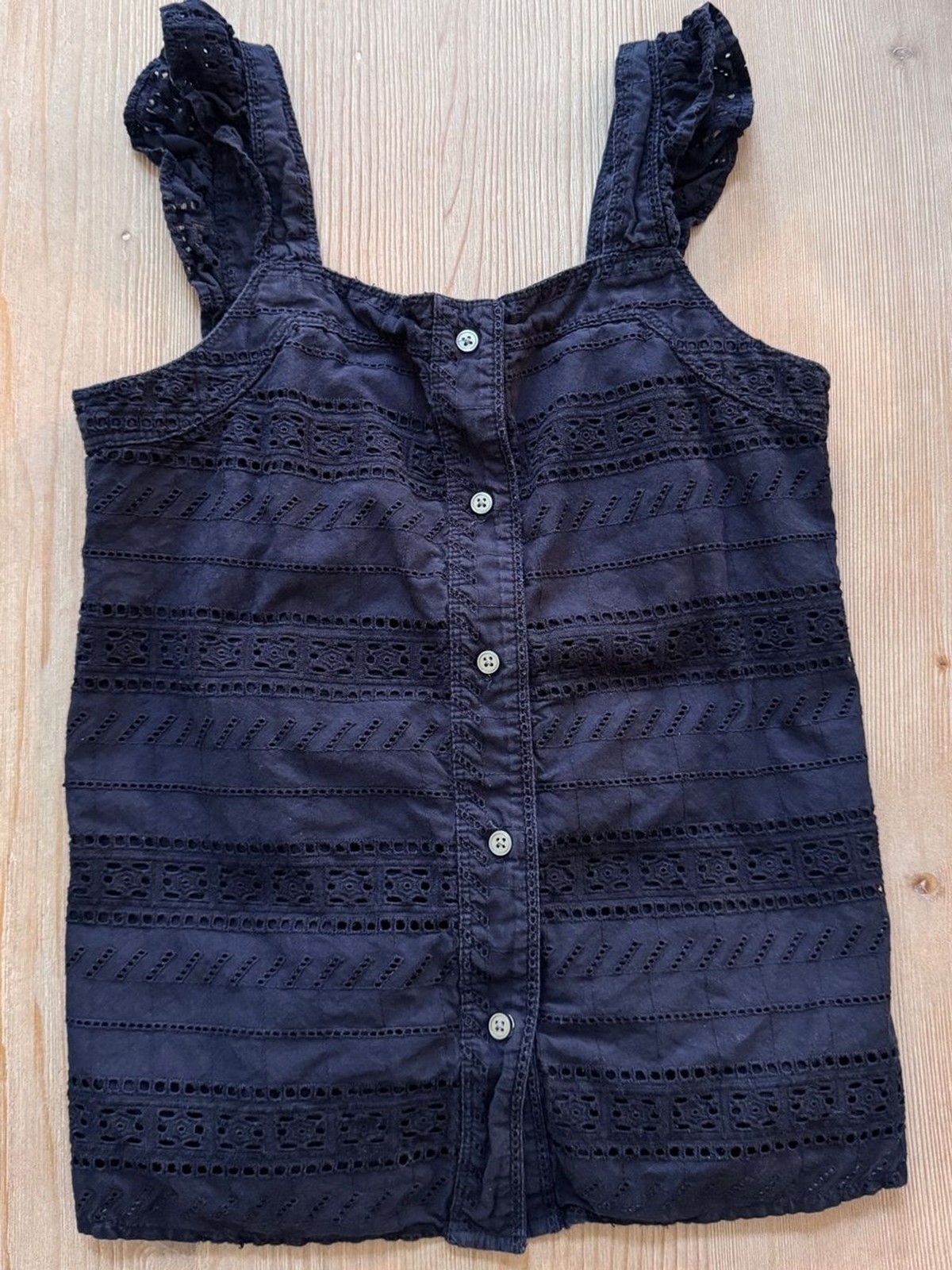 LOFT Petite Navy Eyelet Embroidered Top with Wide Ruffled Straps- xxsp EUC