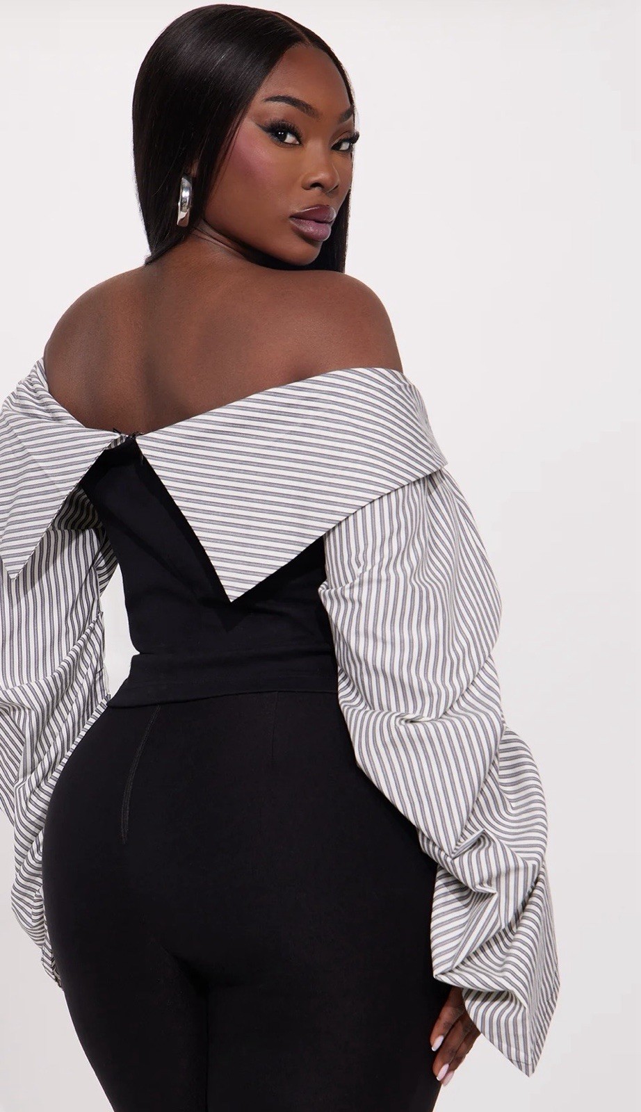 Fashion Nova Plus 2XL Black/White Striped Off-Shoulder Cropped Bell Sleeve