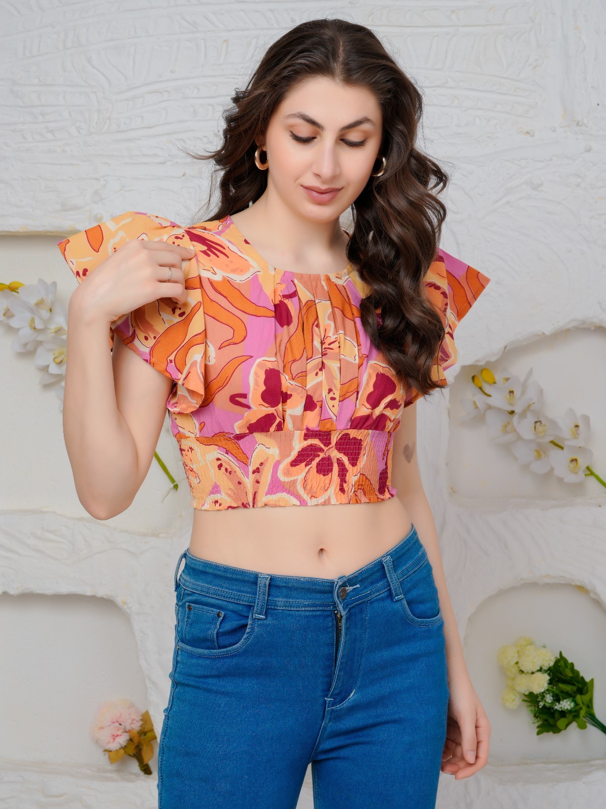Womens Smocked Pure Cotton Top Pink Multicolor Floral Print Ruffle Sleeve Blouse