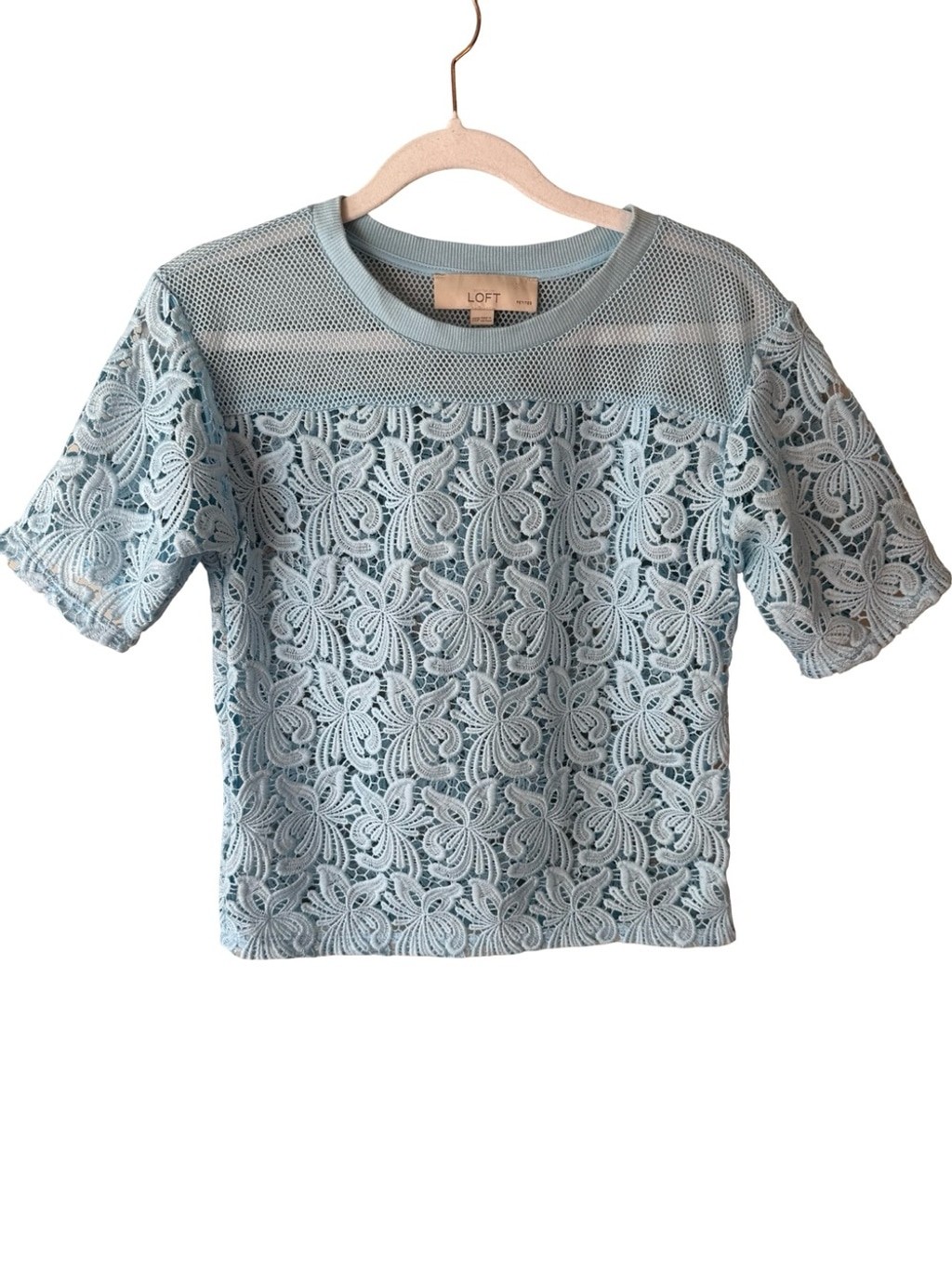 LOFT Pale Blue Lace & Mesh Short Sleeve Blouse Size XXSP Cottagecore Feminine