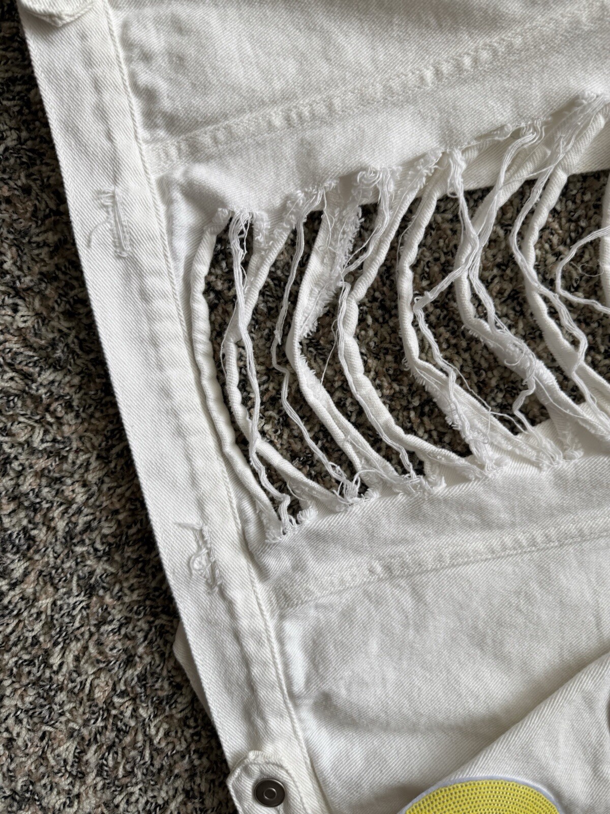 FANTASTIC FAWN Jean Jacket Happy Face Shredded Back Destroyed White M/L