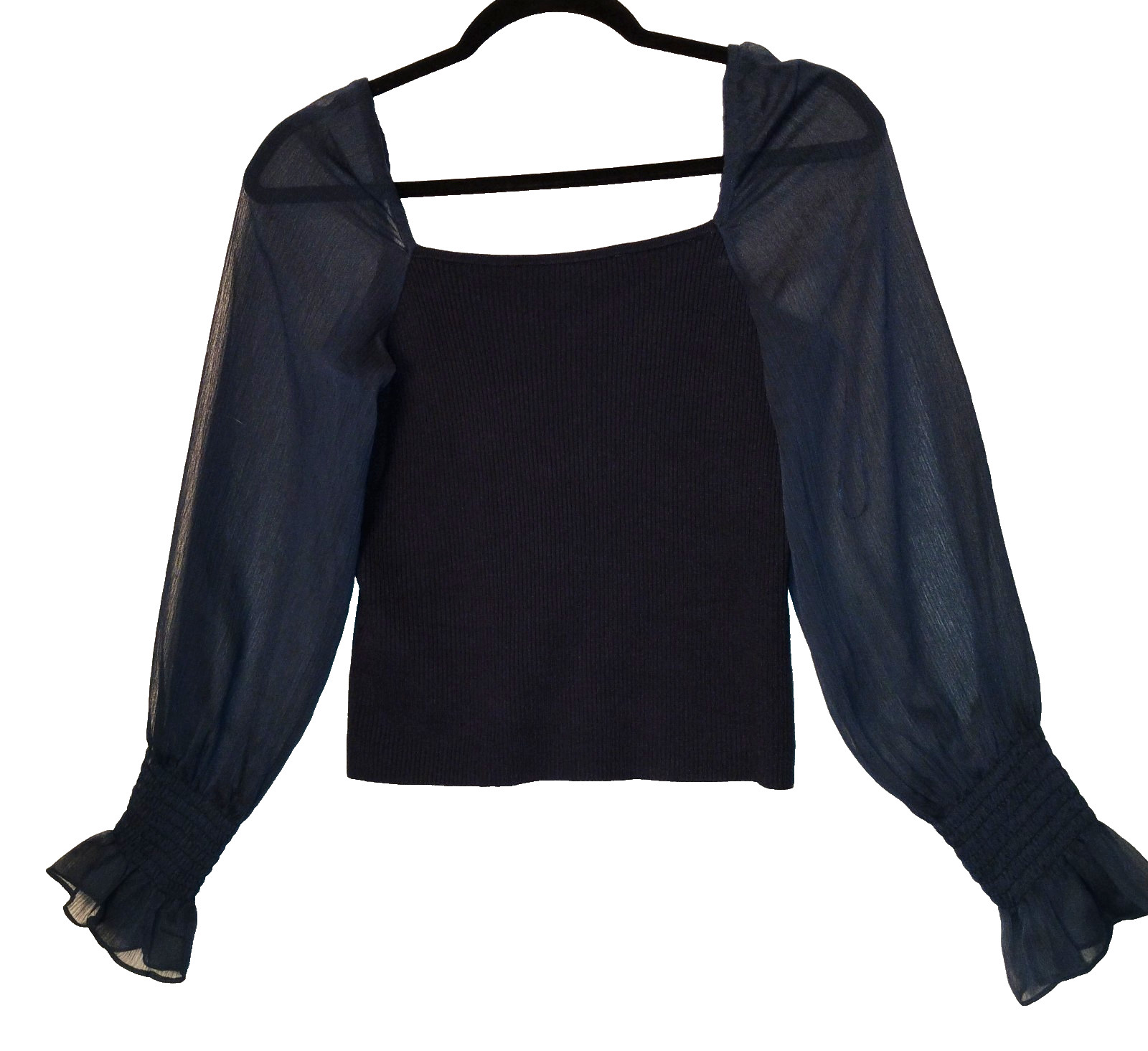 French Connection sz Small Navy Knit Top Sheer Sleeves Sweetheart Neckline NWT