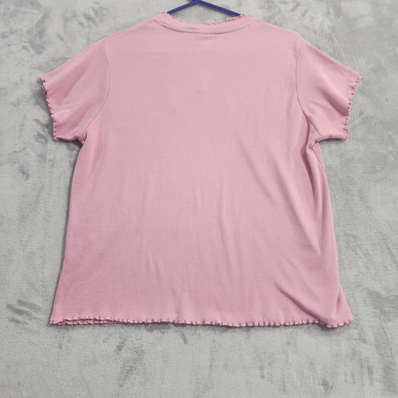 Vintage Haband Top Womens L Pink Embroidered V-Neck Ruffle Trim Stretch Rib Knit