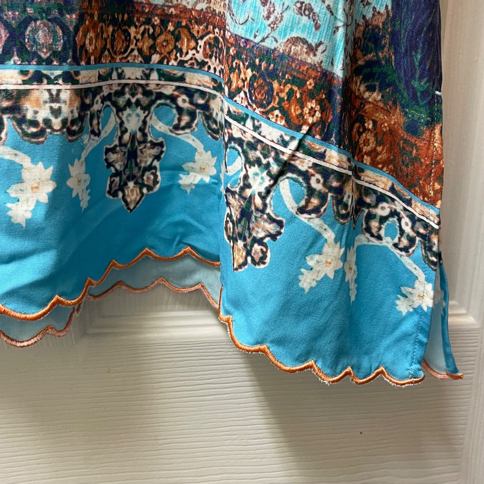 Soft Surroundings Women’s Size Medium Blue/Copper Scalloped Hem Cap Sleeve Knit