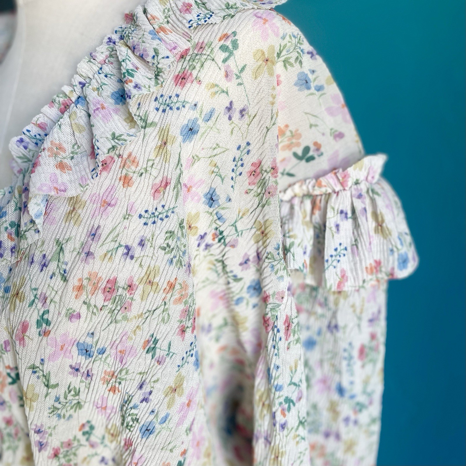 Anthropologie Womens Floral Mesh Ruffle Smocked V-Neck Puff Blouse L Boho Pretty