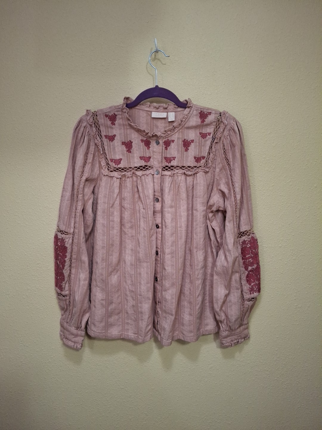 LOGO Lavish Embroidered Ruffled Boho Peasant Blouse 100% Cotton Pink Women’s L