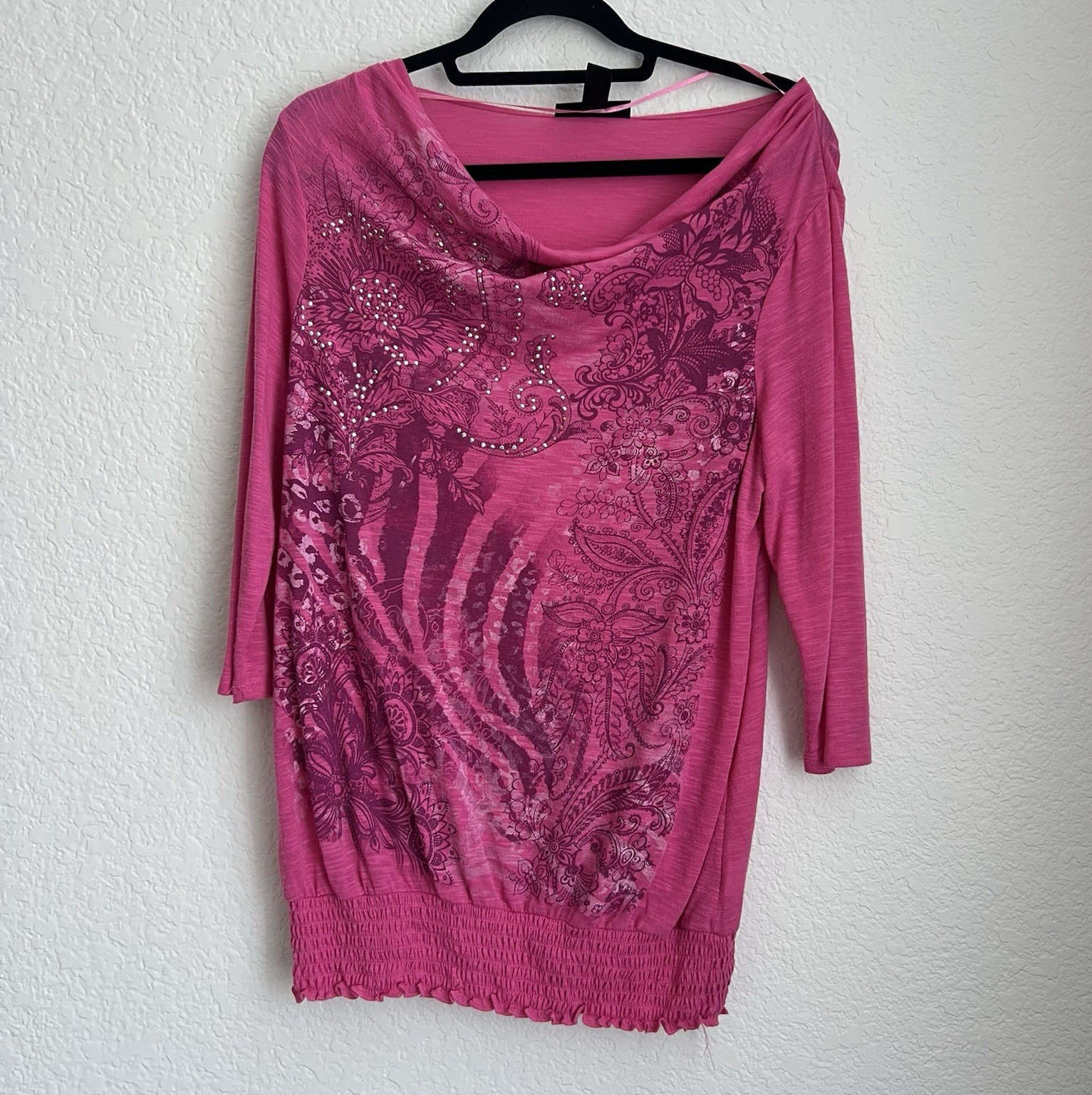 Y2K Style & Co. Pink Knit Floral Rhinestone Cowl Neck 3/4 Sleeve Top Womens M