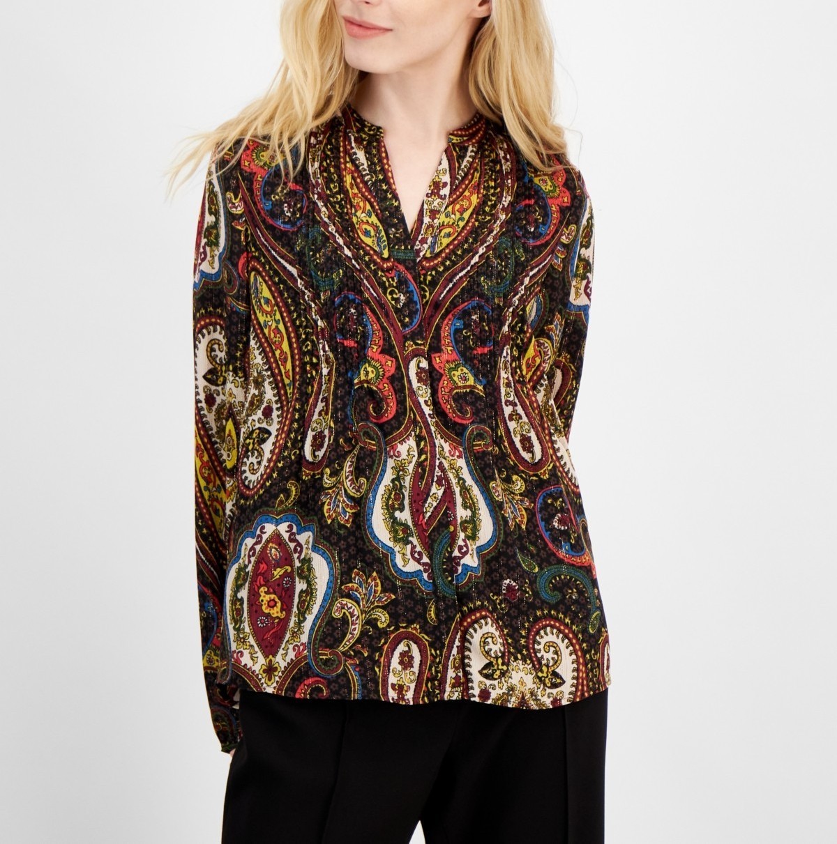 T Tahari Women’s Size S Paisley Print Split Neck Multi-Color Shirt NEW