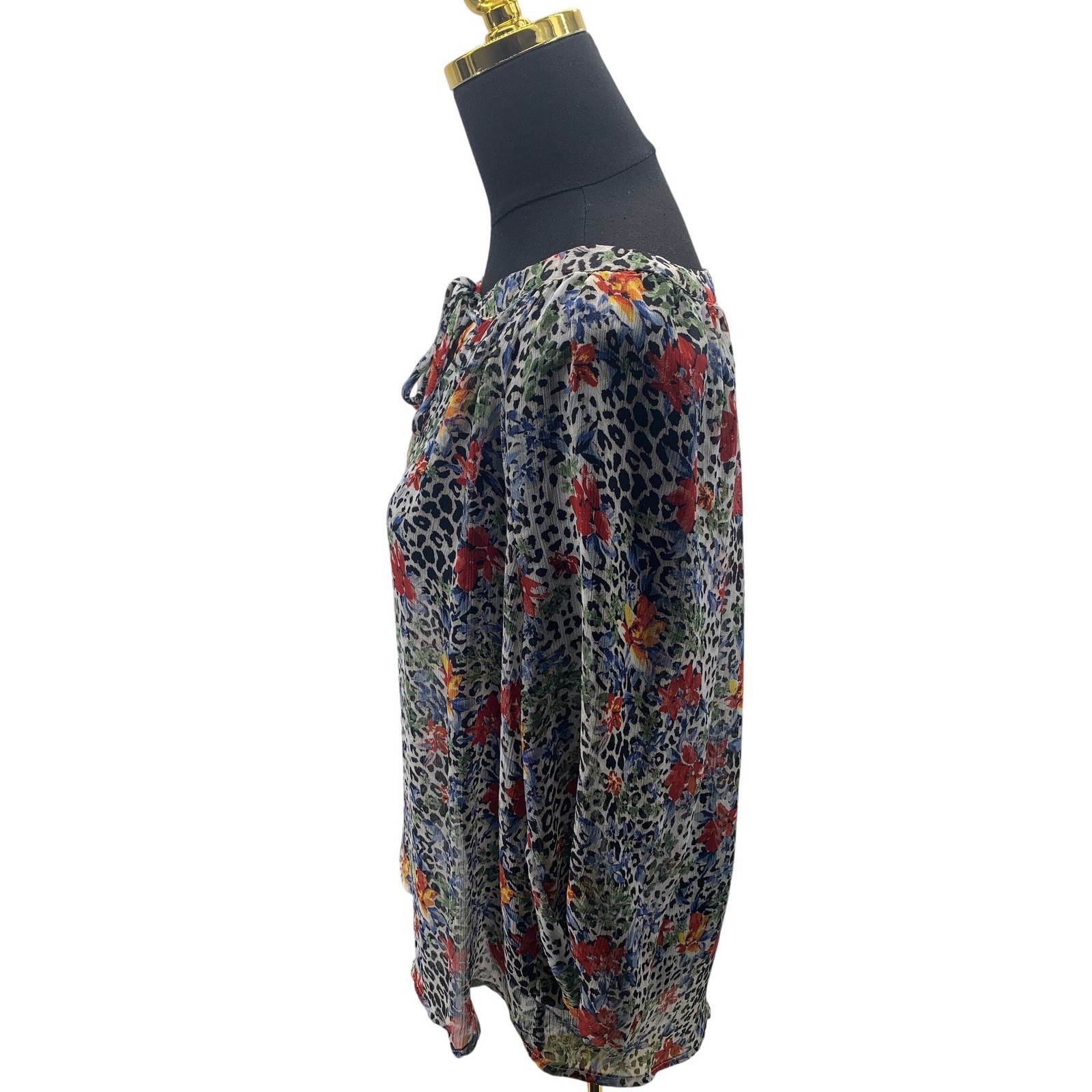 ALYX Womens Leopard Floral Print Tie Neck Sheer Blouse Top Multicolor Size L