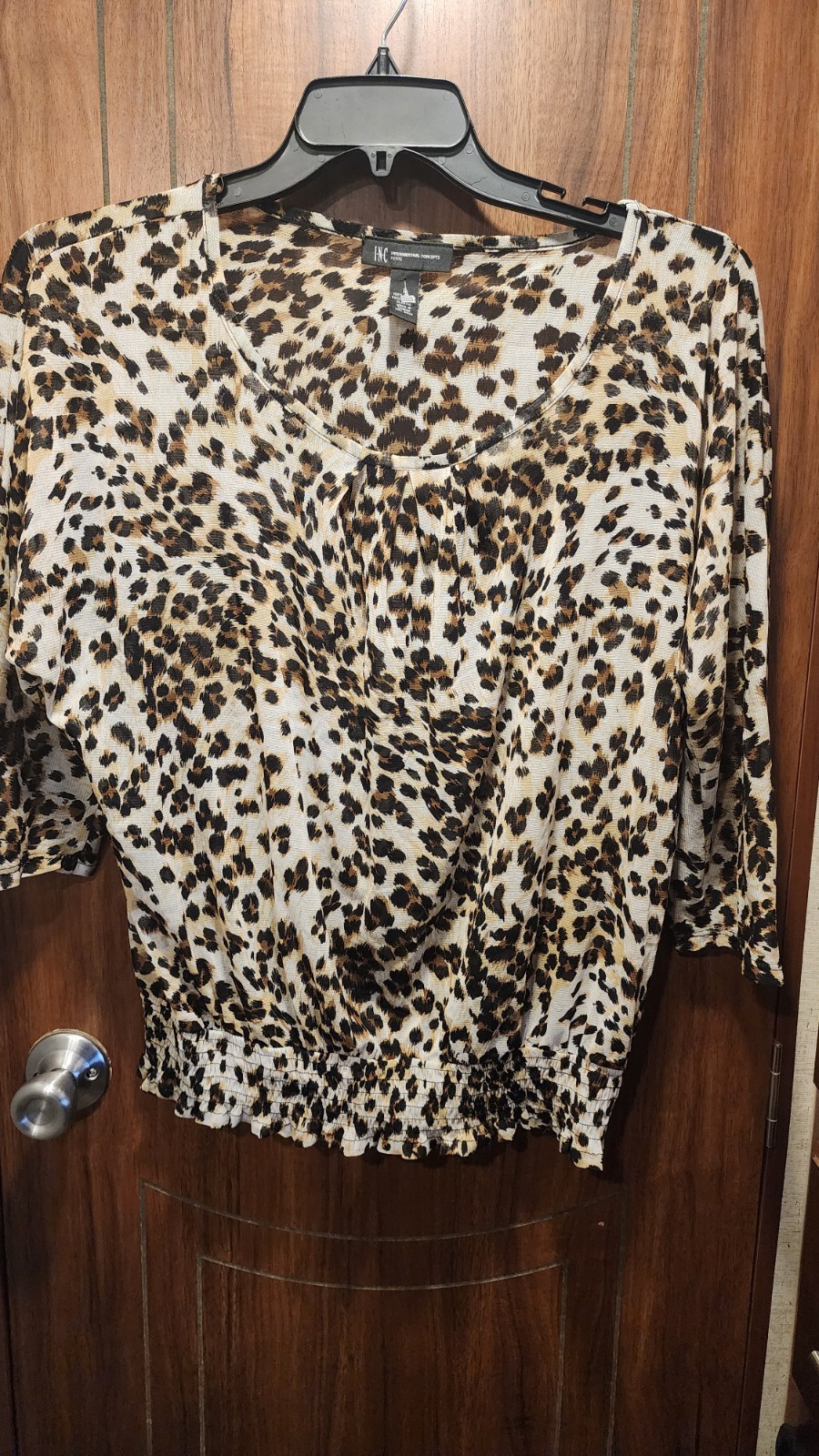 VTG Size LG Woman’s Animal Print Top Blouse Elastic Waist Brown/Tan Sheer INC
