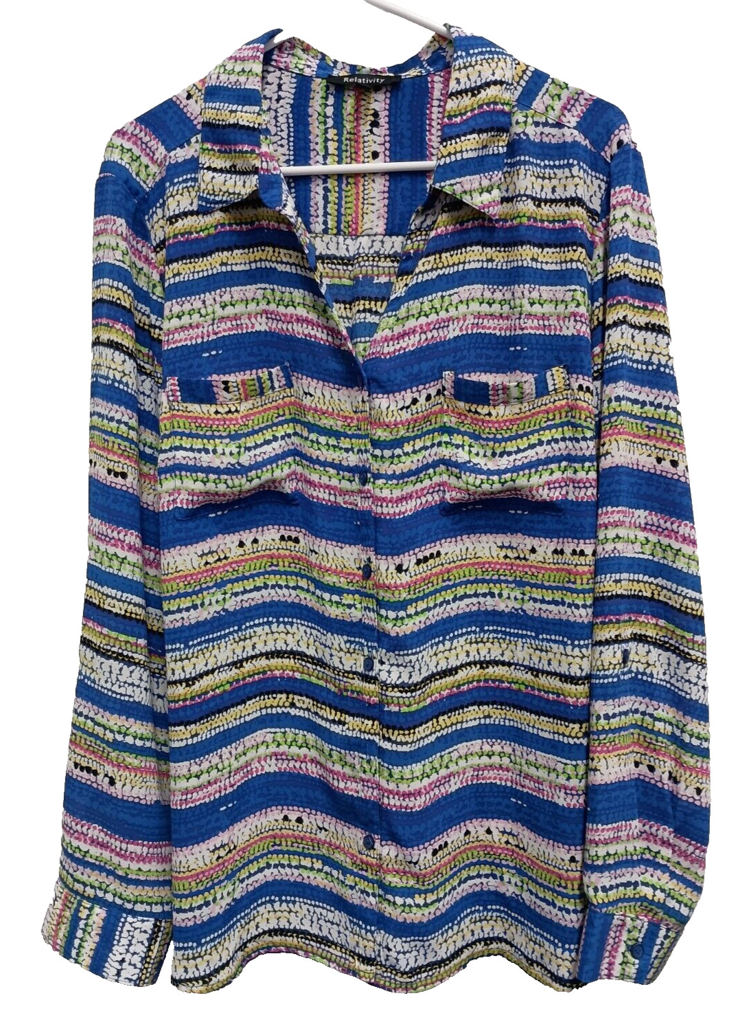 Relativity Womens Blouse Top XL Colorful Rainbow Striped Long Sleeve BOHO