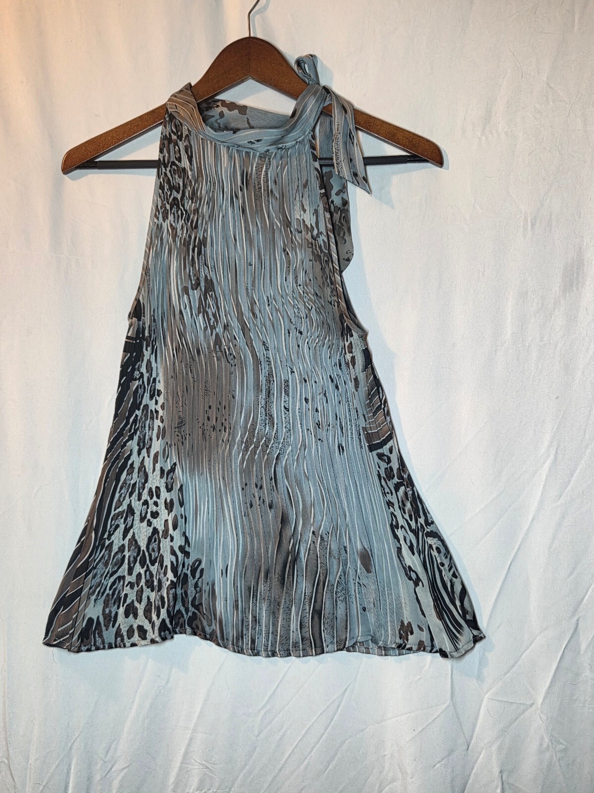 Y2K Jaipur Blue Grey Animal Print Pleated Halter Neck Tie Top Chic Breathable
