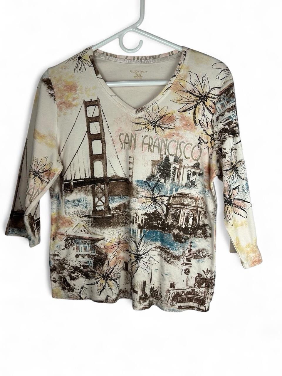 Allison Daley Cream Long-Sleeve V-Neck Top with San Francisco Floral Print