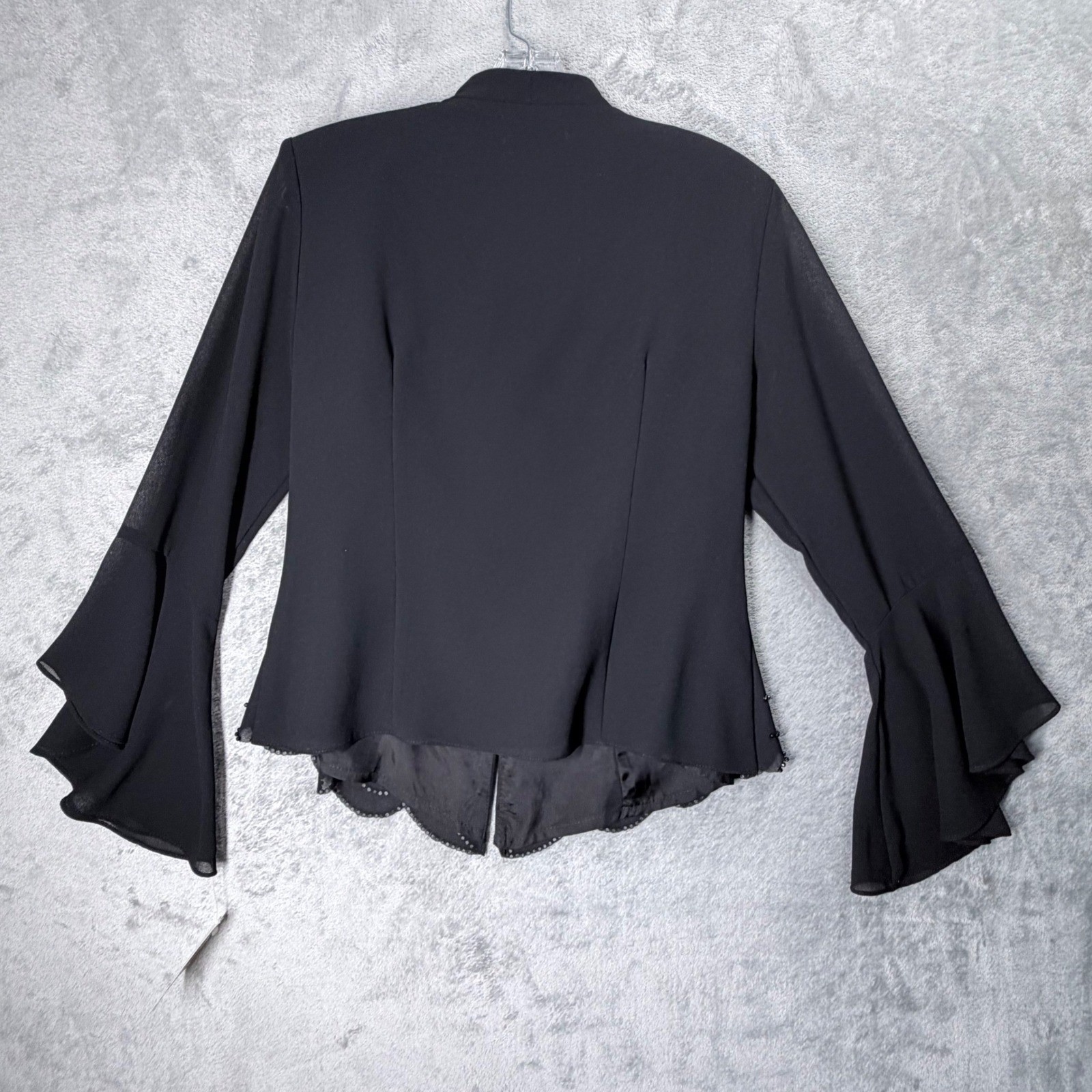 Dressbarn Blouse Womens 12 Black Beaded Bell Sleeve Scalloped Hem V-Neck Jacket