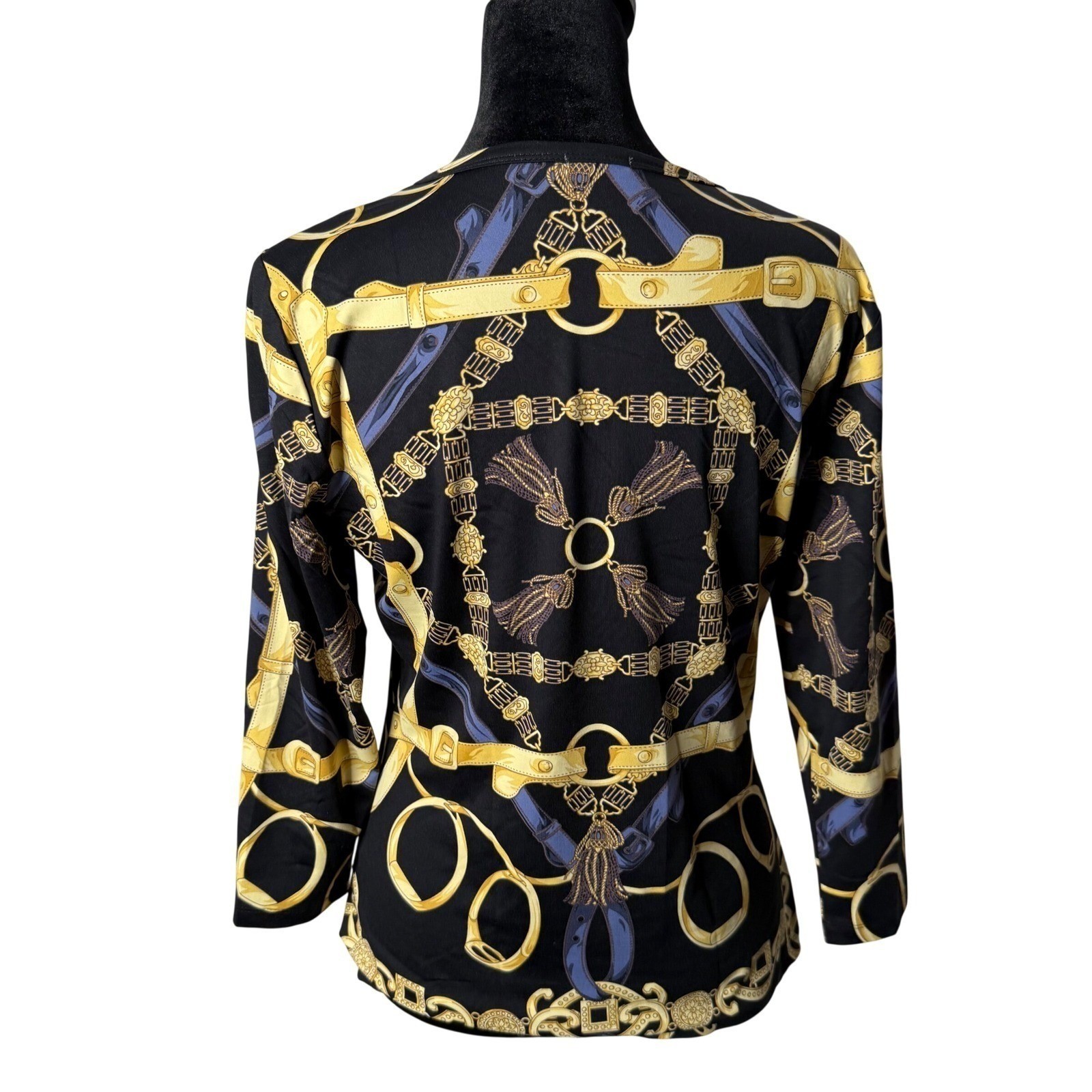 J. McLaughlin Signature Tee Catalina Cloth Equestrian Top Size S Black Gold