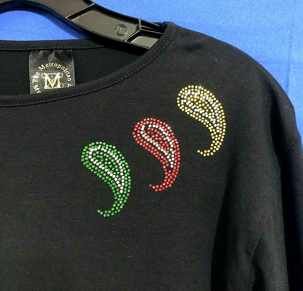 MMA METROPOLITAN MUSEUM OF ART Blouse/Top T-Shirt PAISLEY RHINESTONES Black L