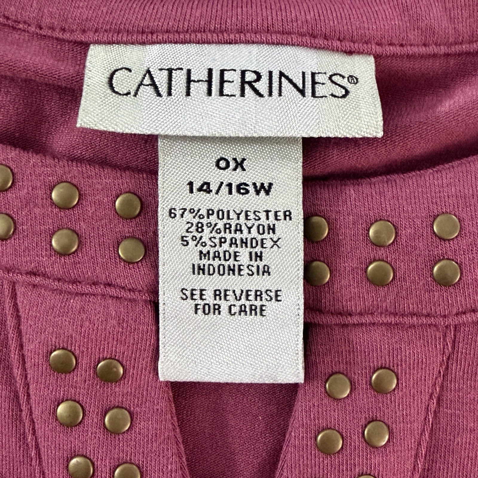 Catherines Pink Studded Split Notch Neck Knit Tunic Top 3/4 Sleeve 0X 14/16W NWT