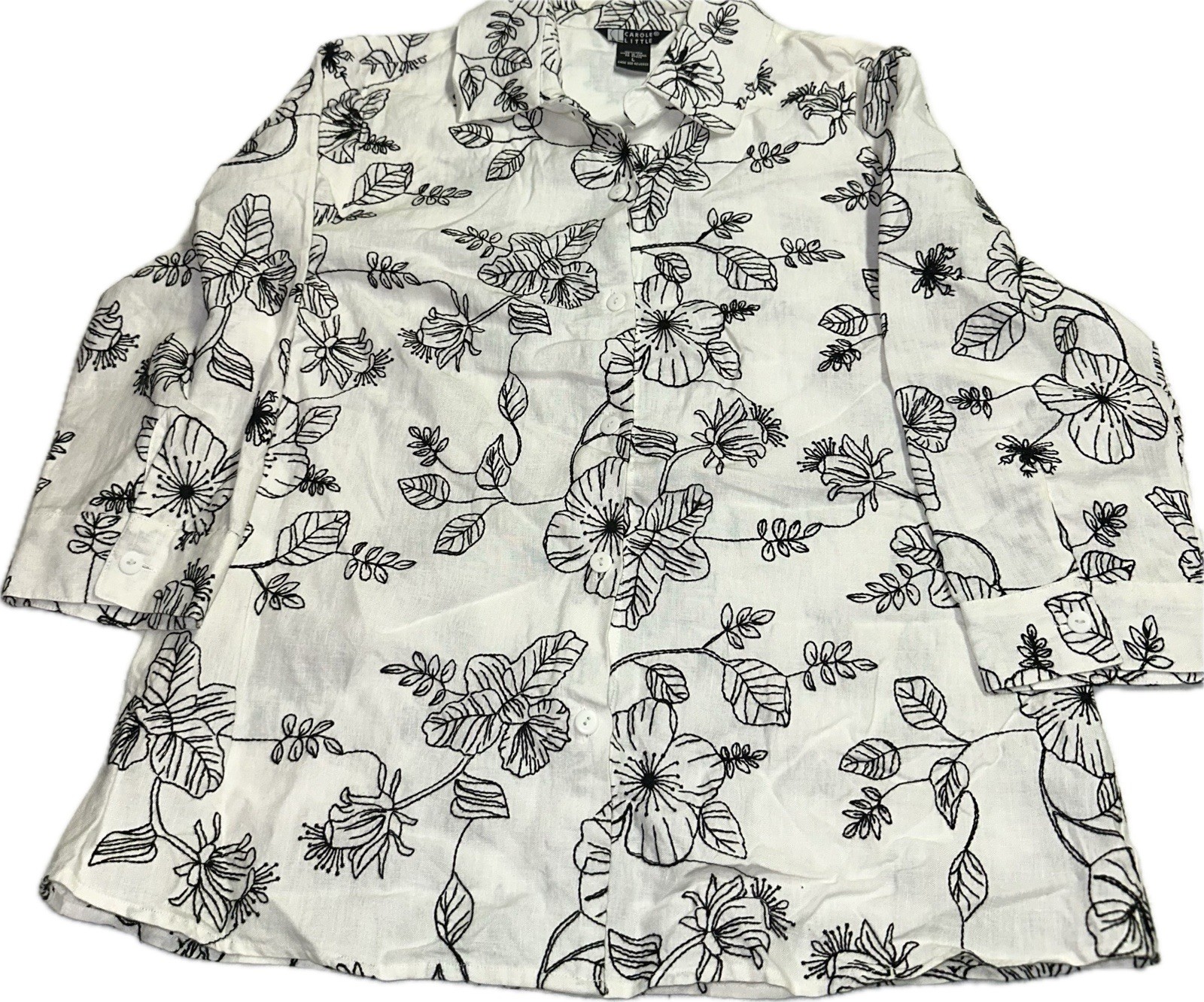 Carole Little Linen Blouse L Embroidered Floral Button Up Woven Boho Breathable