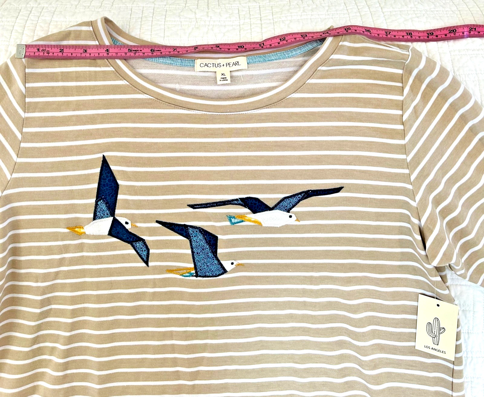 Cactus & Pearl, Women’s top, XL, beige & white stripe w/ 3 seagulls, new w/tags