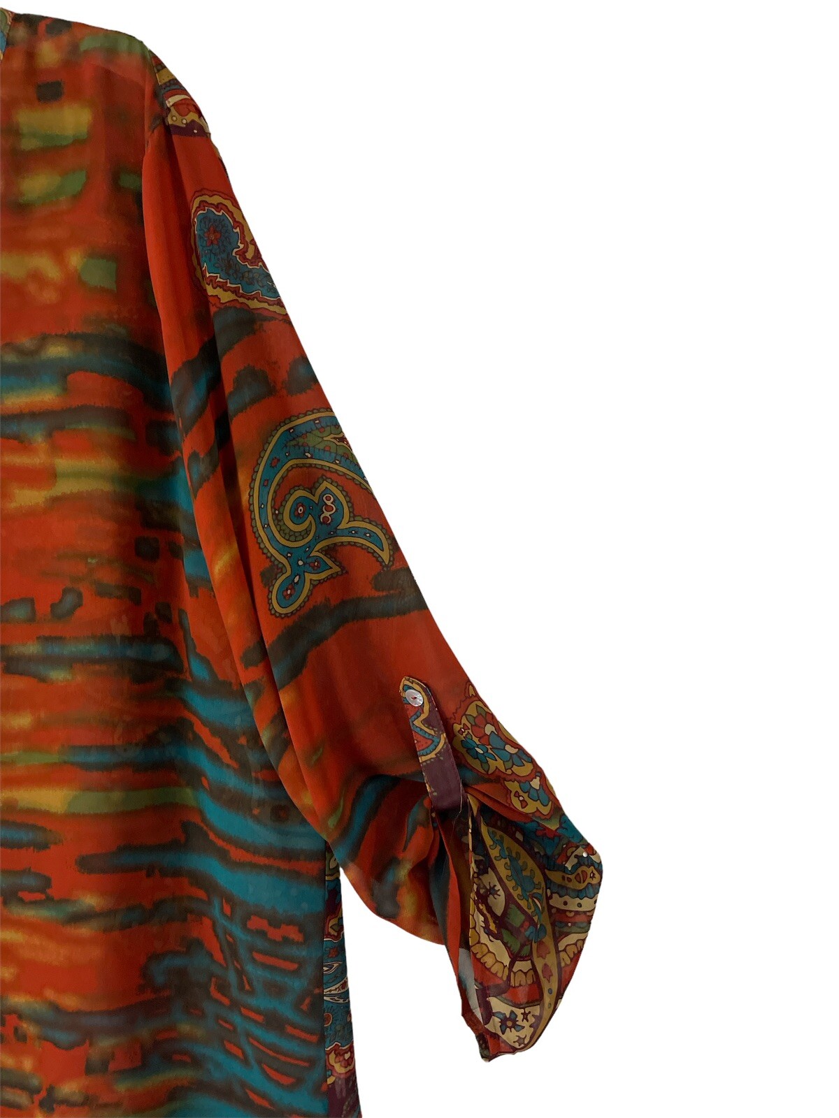 Multiples Plus Sz Top Semi-Sheer Paisley Henley Neck Sequins Long Sleeves Tunic