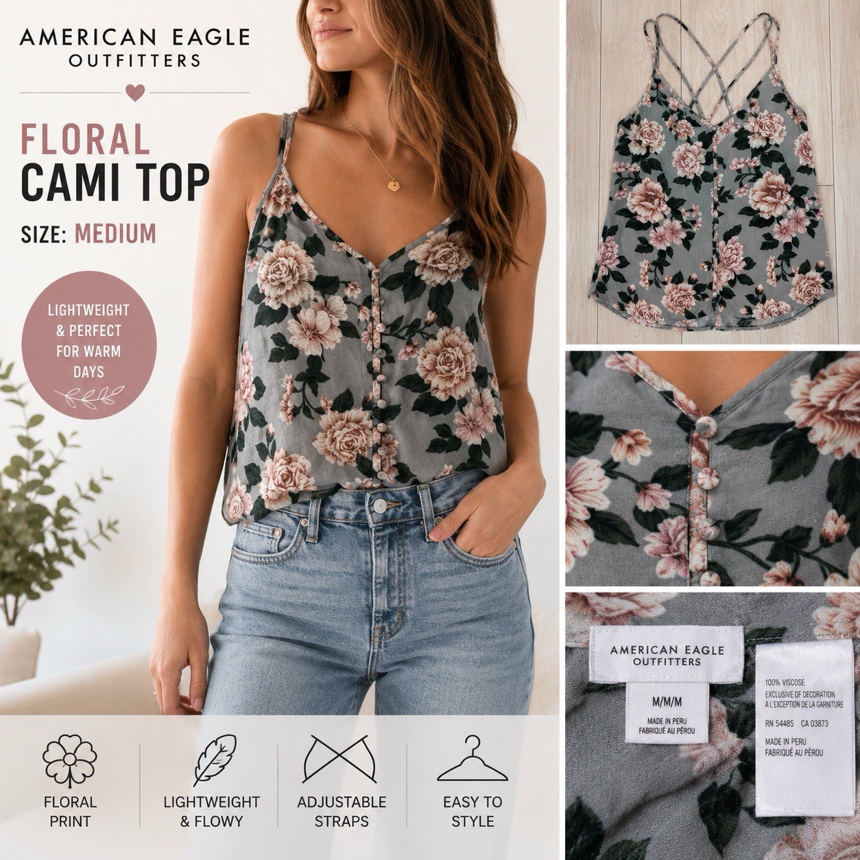 Gray Floral Button Front Strappy Cami Tank Top Women’s M Boho Cottagecore