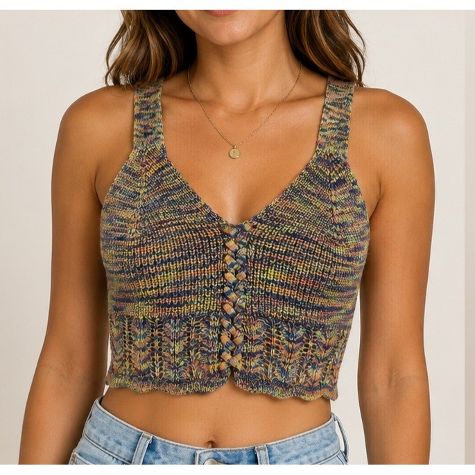 Jolie & Joy Womens Multi Space Dye Knit Crop Top V-Neck Pointelle Sweater Tank