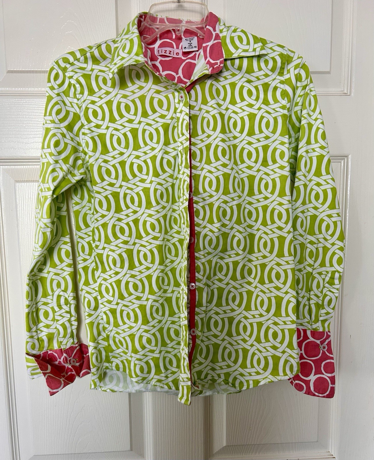 Tizzie Blouse Cotton Lycra Trellis Pattern Lime Green White Pink Size Small
