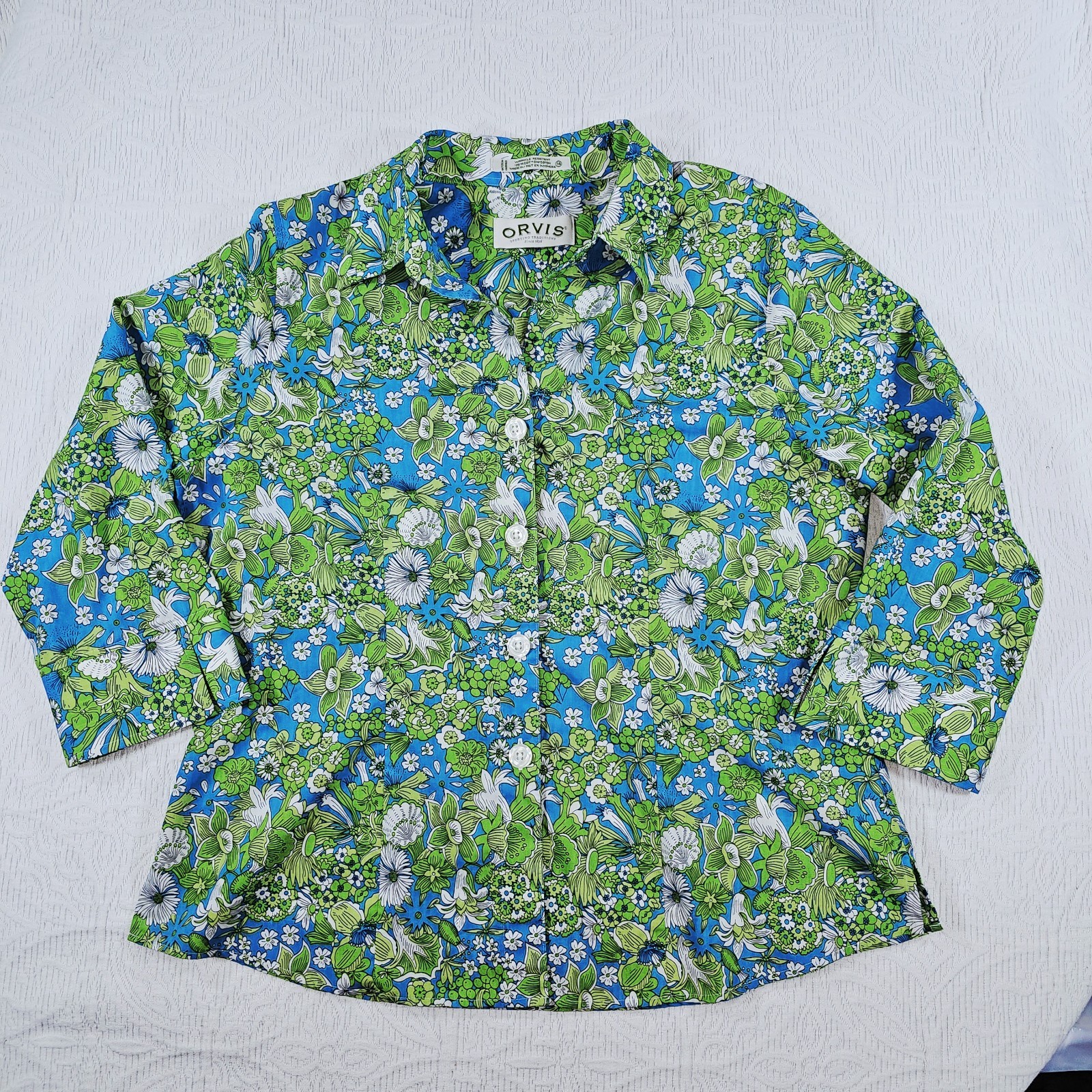 ORIVS Wrinkle Resistant Cotton Shirt Blouse Green Aqua & White Floral Nature 14