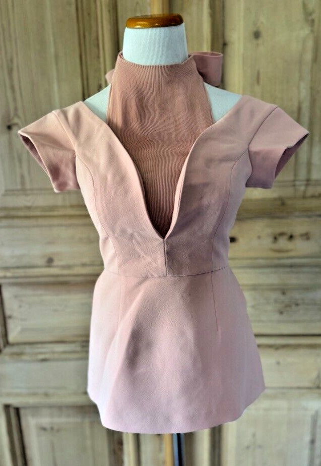C/MEO Collective Blush PInk High Neck Pleated Off Shoulder Bow Small S EUC