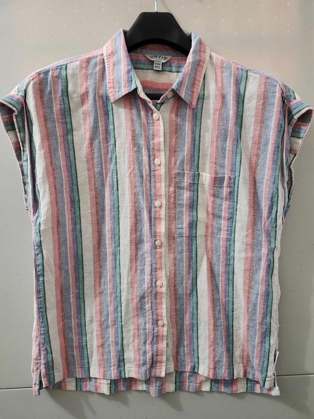 Orvis Top Women S Button Up Cap Sleeve Stripe Linen Blend Coastal Beach Colorful