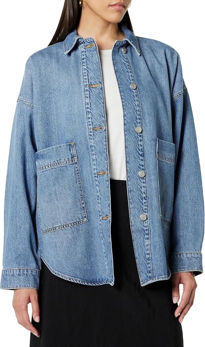 The Drop Women’s Pilar Long Denim Shirt Jacket – Medium Indigo – Large – New