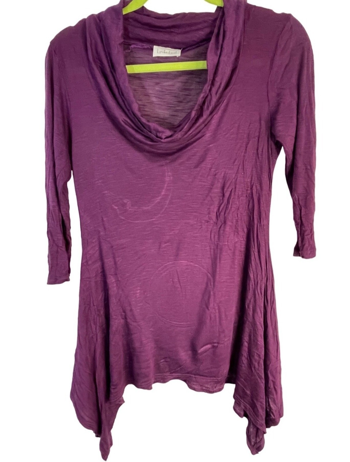 linda leal 3/4 sleeve shirt purple flowing sheer longer sides no size tag M READ