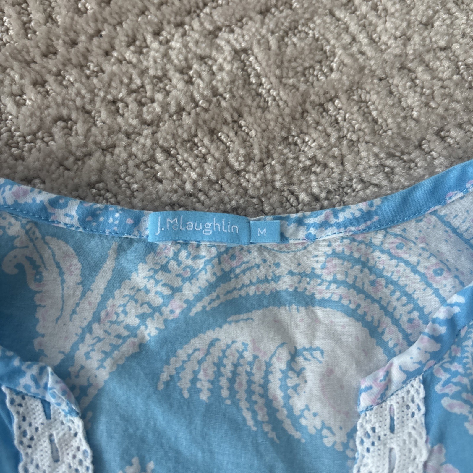 J McLAUGHLIN Sky Blue Pink White Paisley Print Cotton Voile Lace Trim Tunic sz M