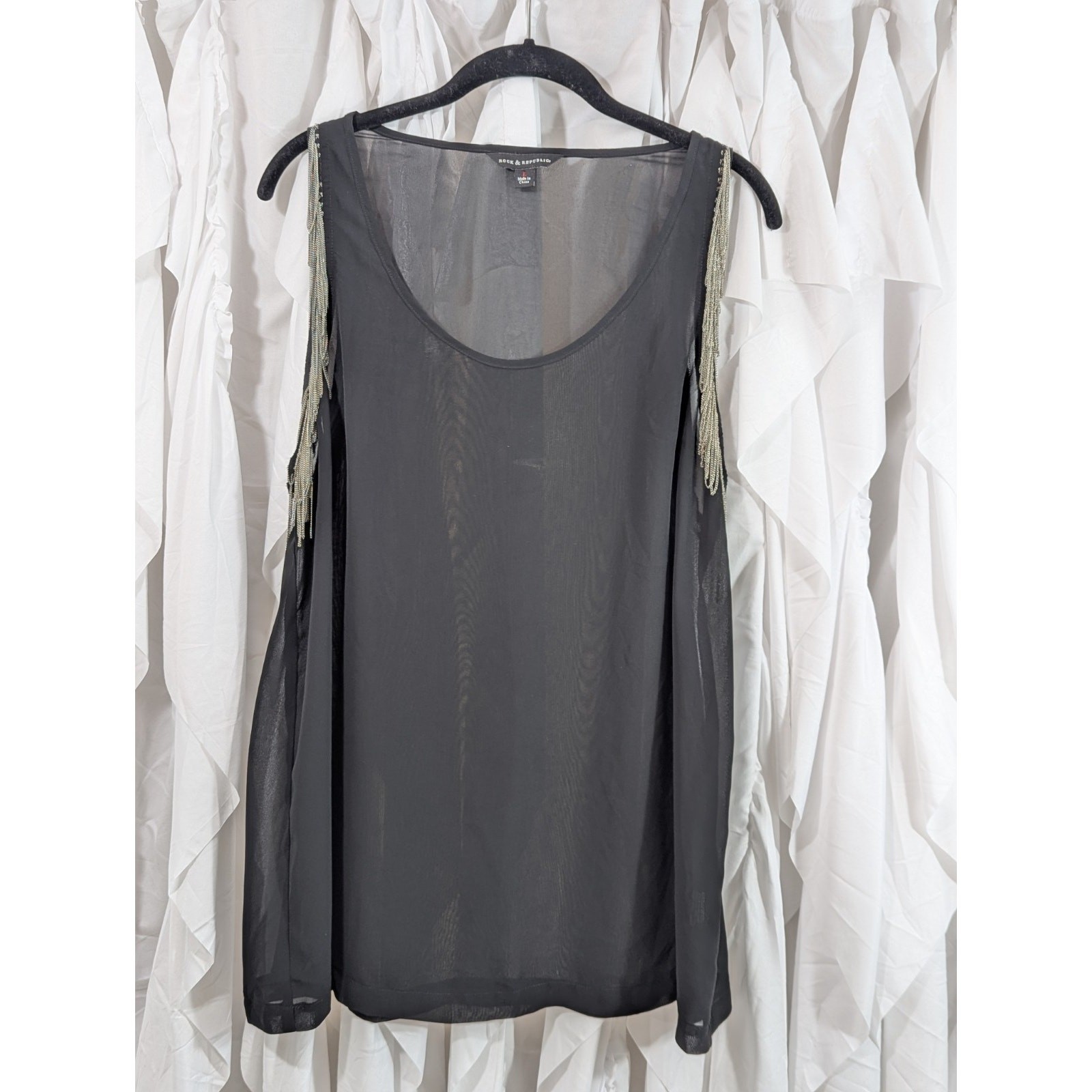Rock & Republic Black Sheer Tank Cami Top Silver Chain Edgy Grunge Goth Women L