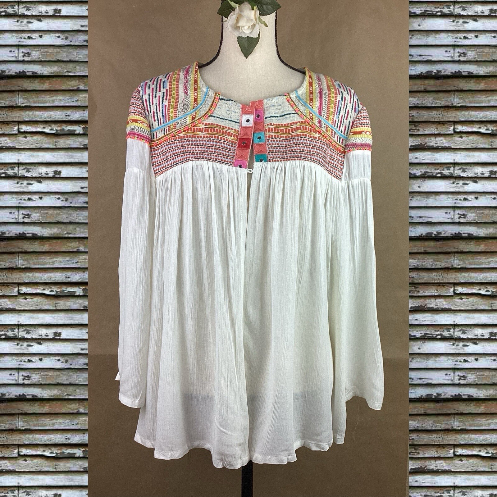 Tantrum Cardigan Top Women Lg White Aztec Hippie Embroidery Boho Flowy Tapestry