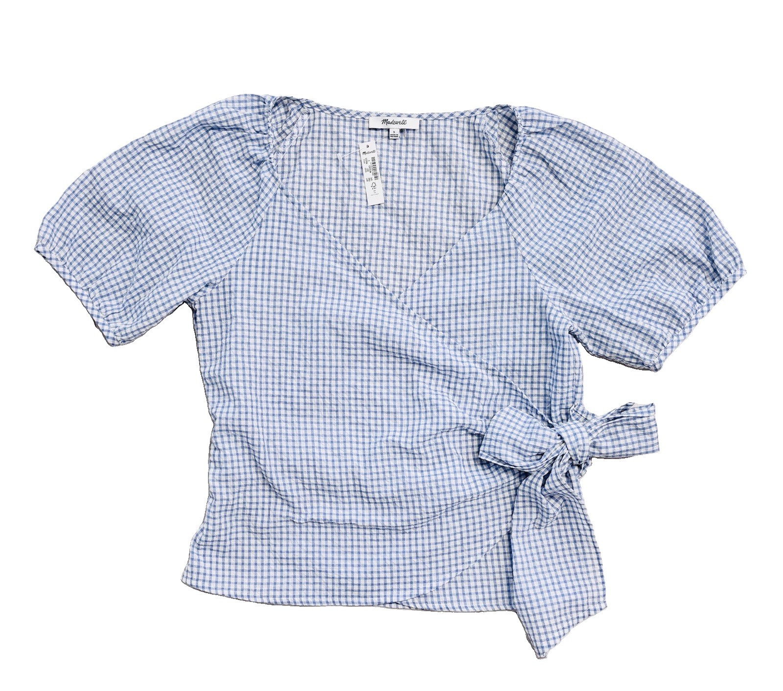 Madewell NWT Lucy Gingham Seersucker Puff-Sleeve Wrap Top Small Blue/ White