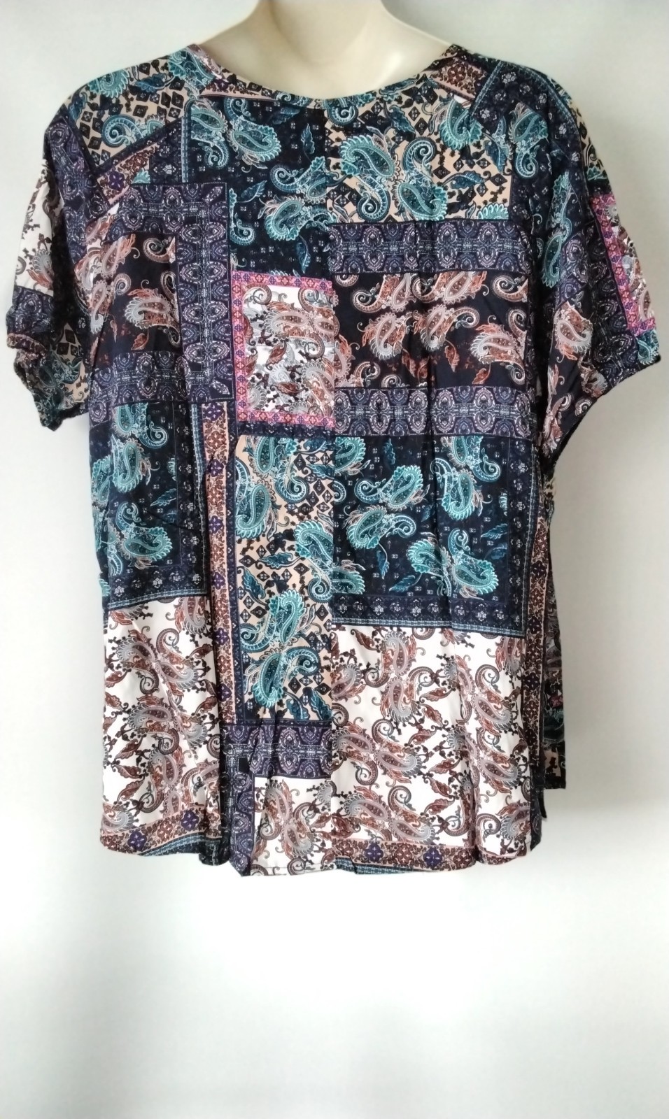 PLUS SIZE 22 MULTICOLOUR PATCHWORK PAISLEY HIPIE BOHO TOP BLOUSE TIE NO STRETCH