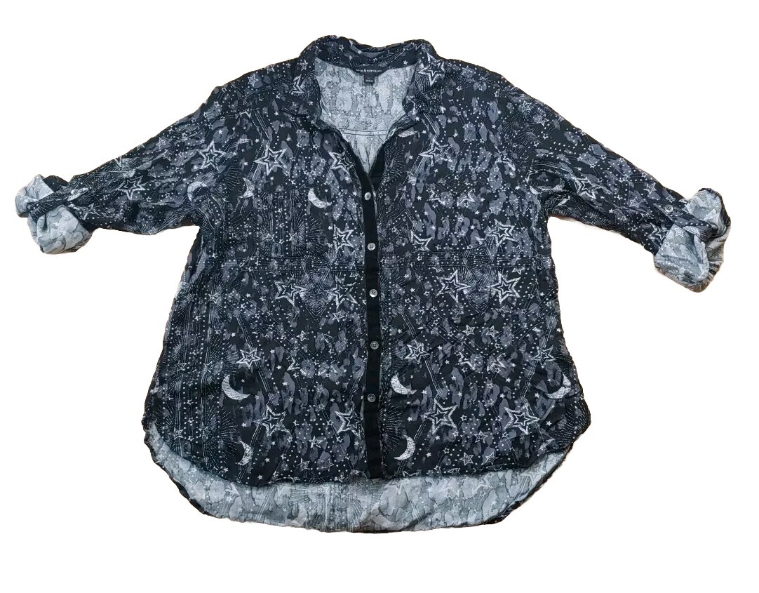 Y2k Rock Republic Shooting Star Shirt XL Black Boho Moon Celestial V-Neck Button
