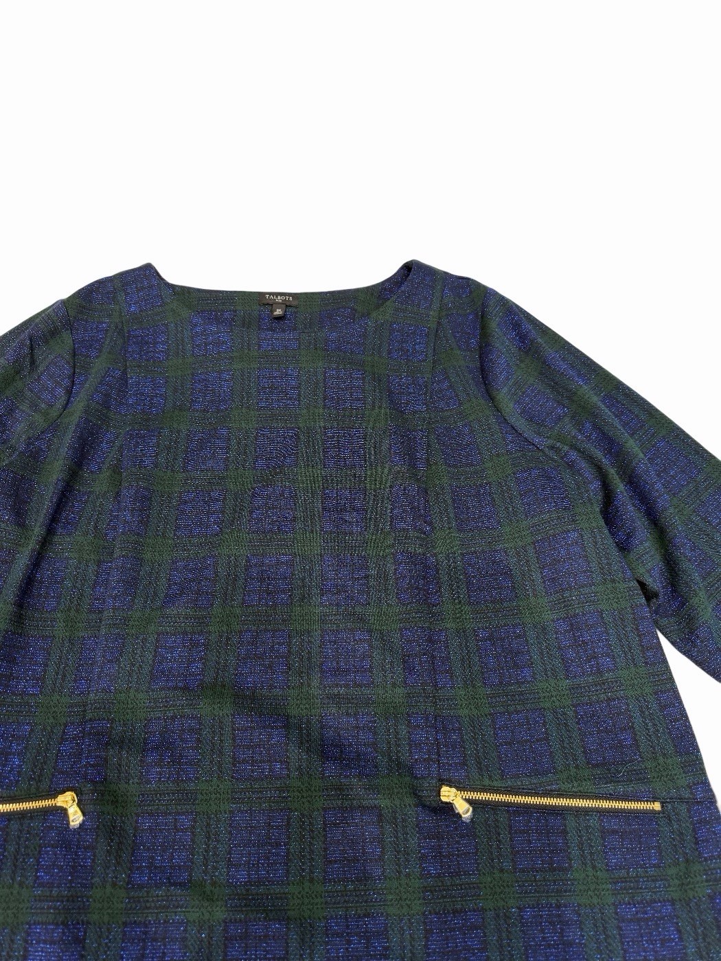 Talbots Womens Blouse Sz 2X Blue Green Plaid 3/4 Sleeve Shirt Top Zip Pockets.