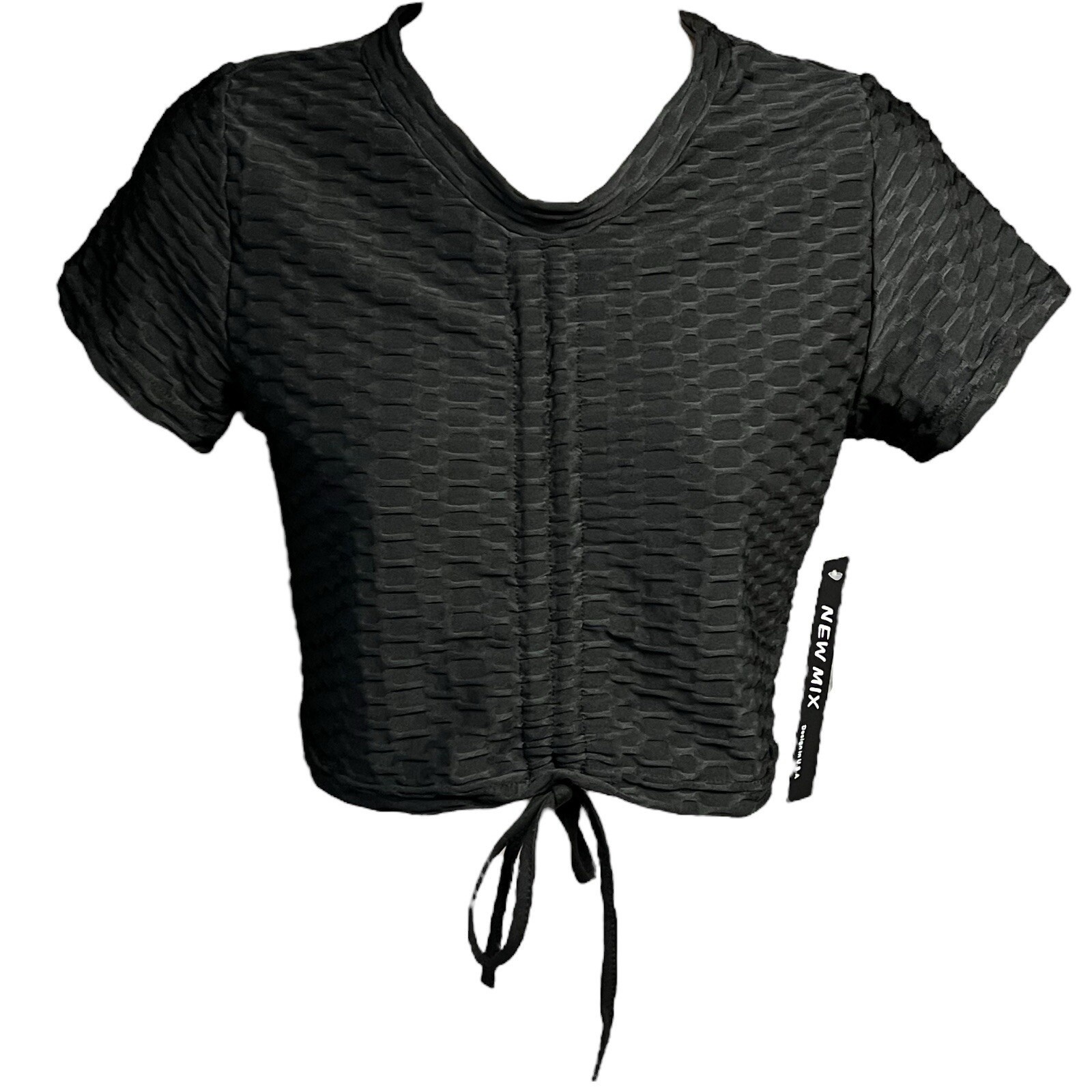 New Mix Crop Top S/M Black Drawstring Ruched Textured Stretch Trendy Casual Sexy
