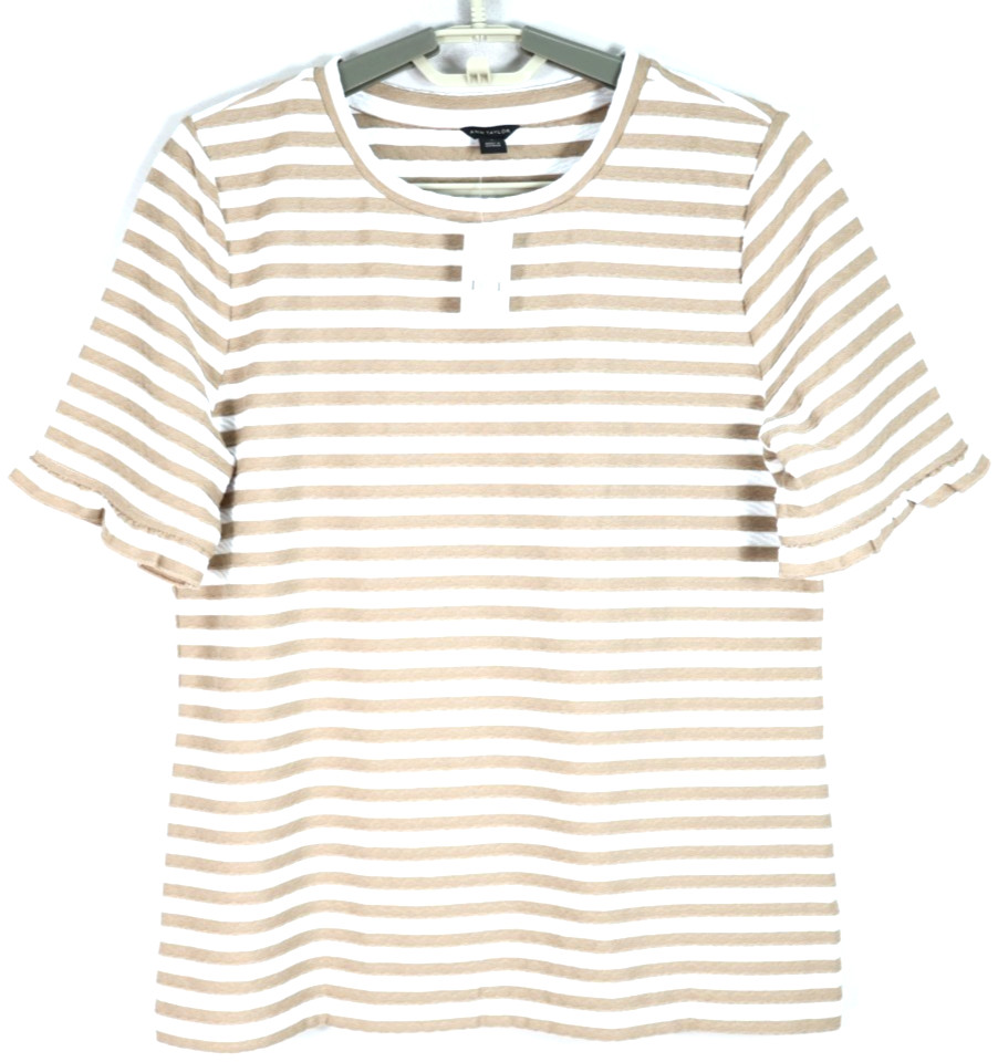 NWT ANN TAYLOR Women’s Stretch Polyester T-Shirt Ruffle Striped Brown Ivory M