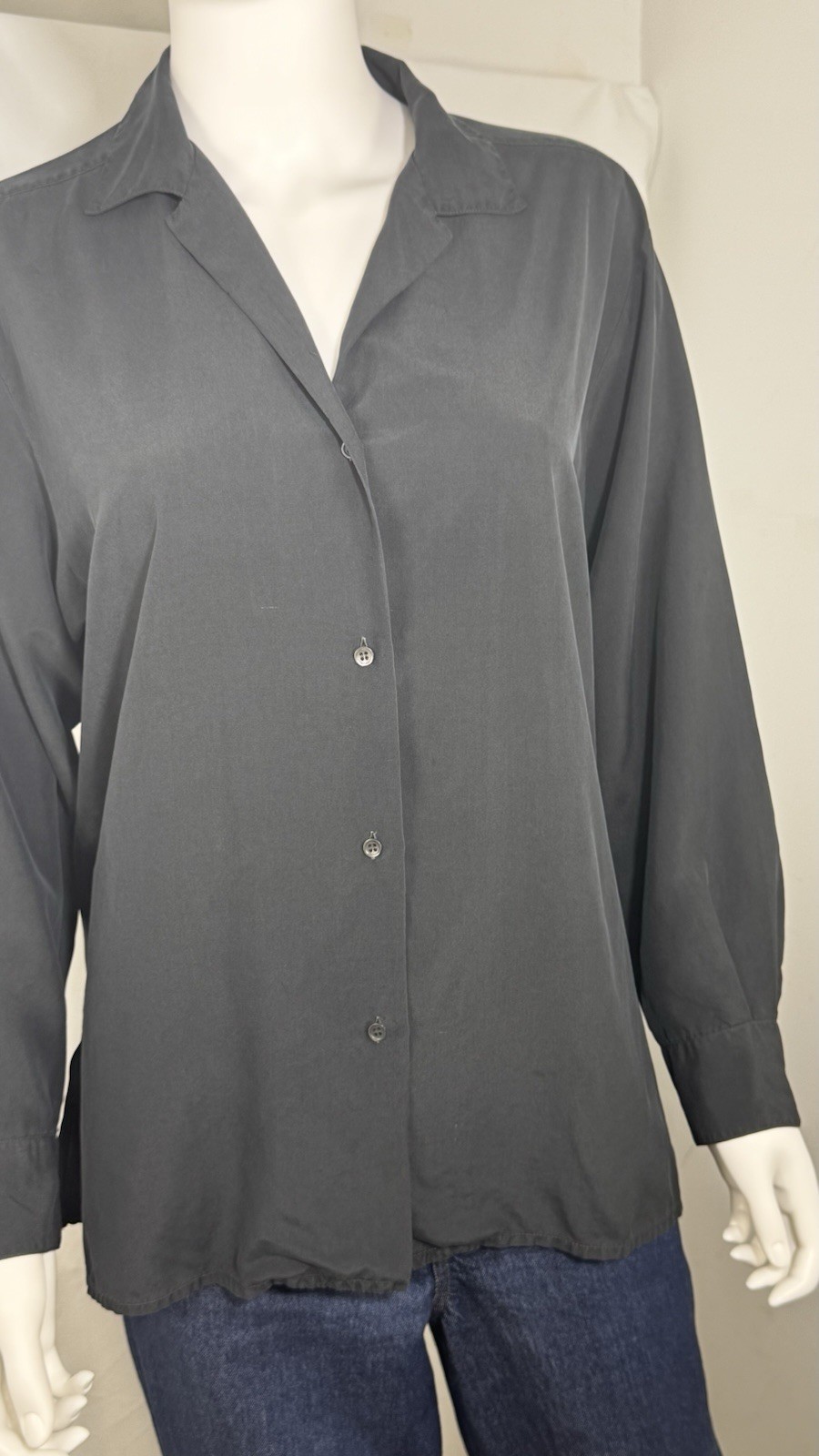 VTG Agnes b. Paris 100% Silk Button Down Blouse Charcoal Small Made in France S