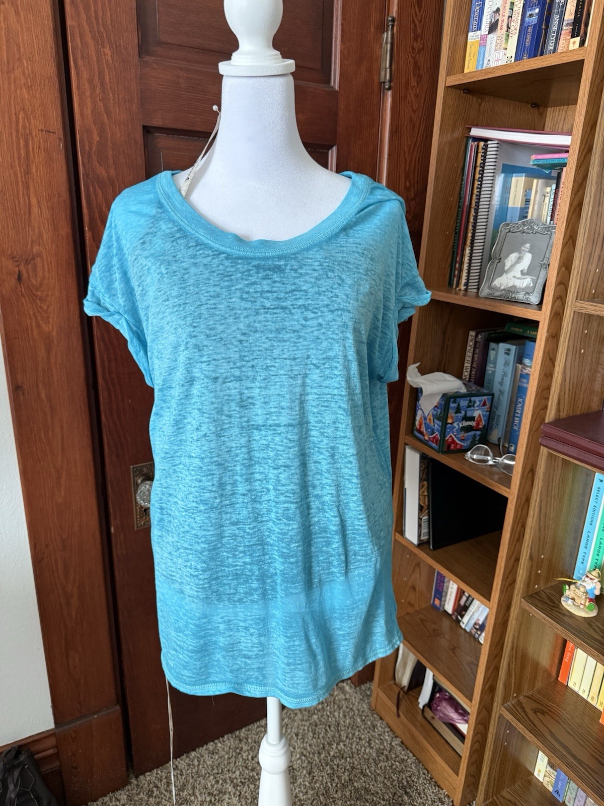 just be… Women’s Blue Jersey Ruched Scoop Neck Cap Sleeve T-Shirt M