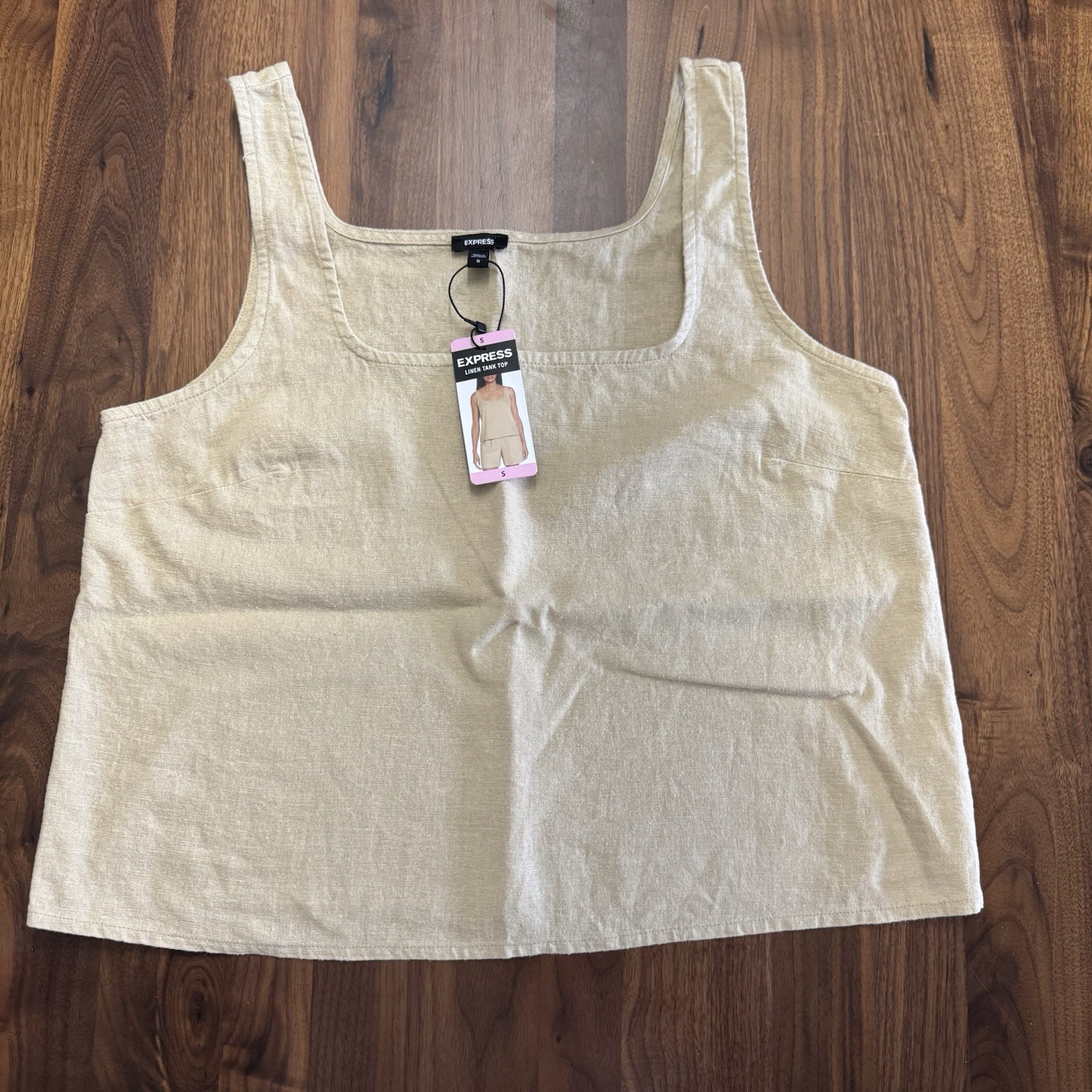 NWT Express Linen Blend Cropped Tan Beige Square Neck Summer Tank Top Size S