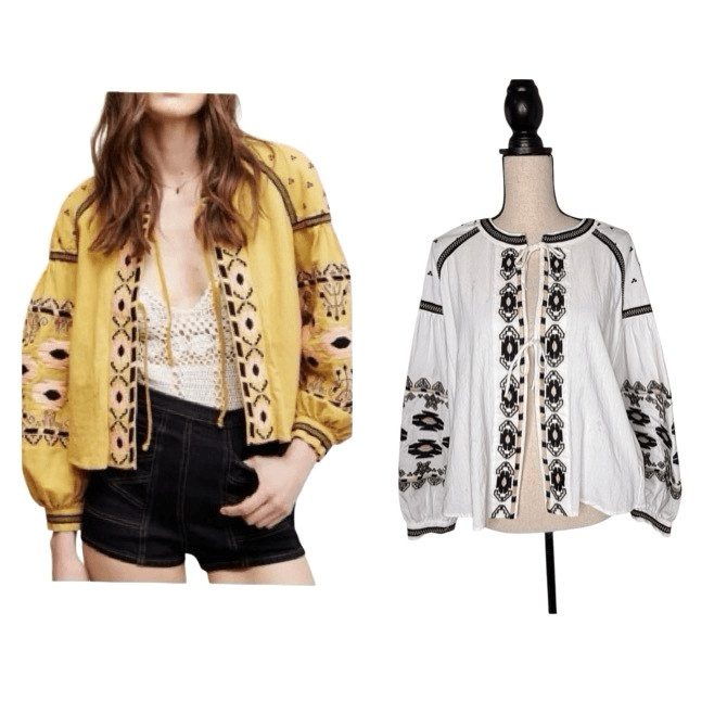 RD & Koko Anthropologie Top White & Black Embroidered Tie Front Size S Boho
