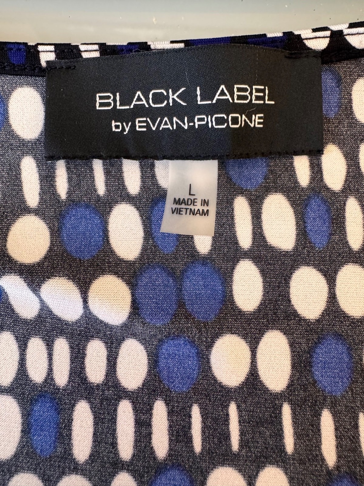 Black Label by Evan Picone Wrap Top S.L Geometric Dot Blue White Black EUC 3/4
