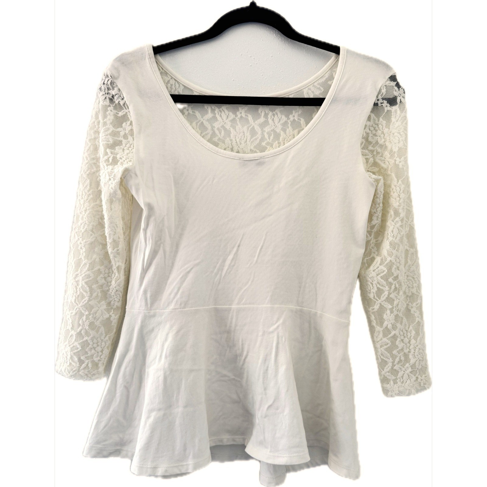 Express Womens Cream Ivory Lace Peplum Top 3/4 Sleeve Scoop Neck Medium