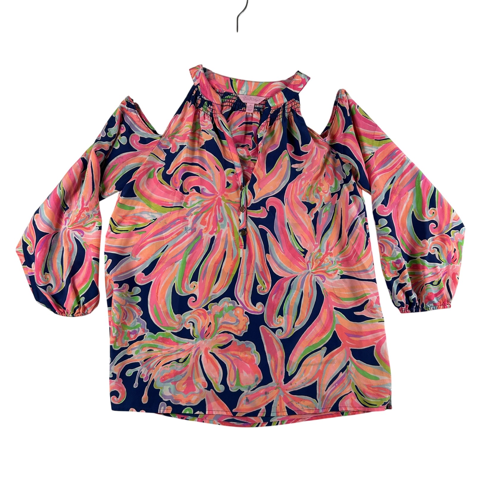 Lilly Pulitzer Blouse Womens Medium Sunny Elsa Silk Cold Shoulder Tunic Top