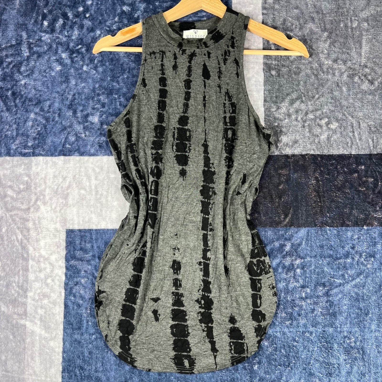 Windsor Womens Gray Black Tie Dye Sleeveless High Neck Tank Top L Made in USA