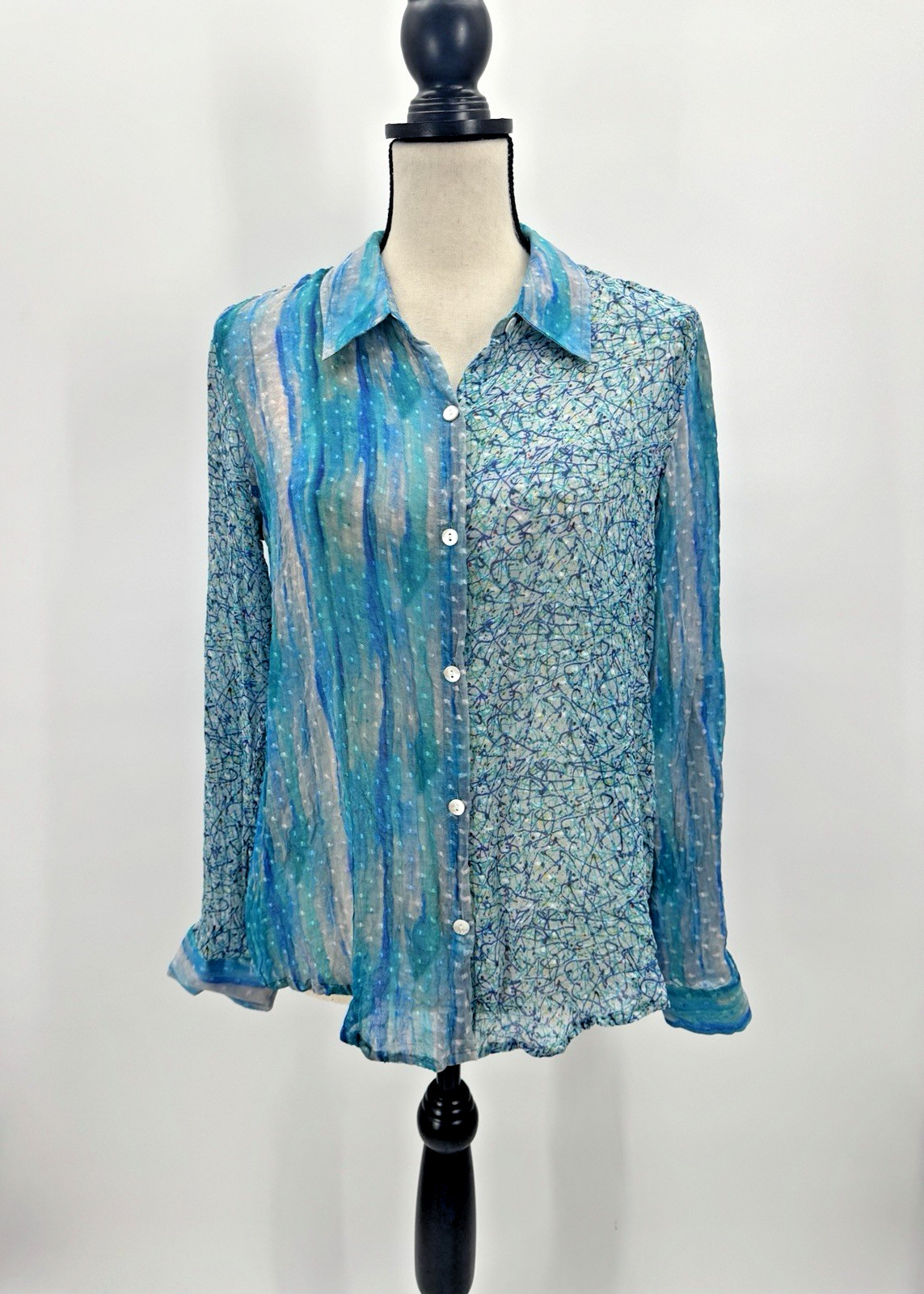 Nordstroms APNY Sheer Silk Top Medium Button Up Watercolor Wearable Art to Wear